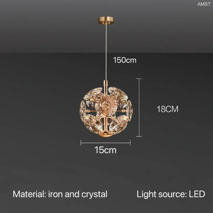 Modern gold spherical crystal pendant chandelier with gold-toned iron frame and clear faceted crystals for bedroom