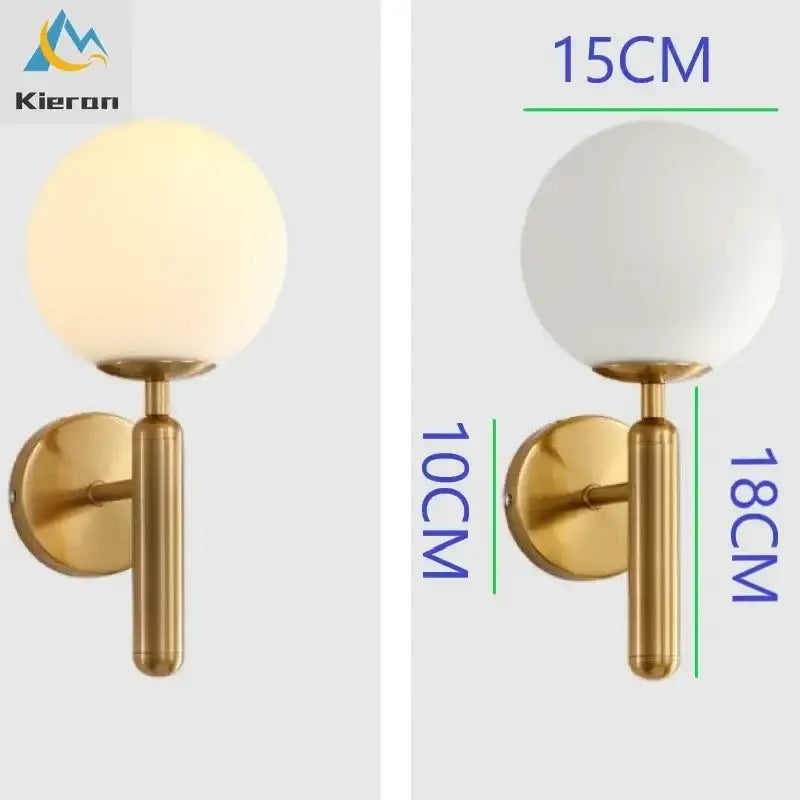 Modern gold spherical frosted glass led wall lamps featuring a gold-finished wall sconce with globe shade for bedroom use