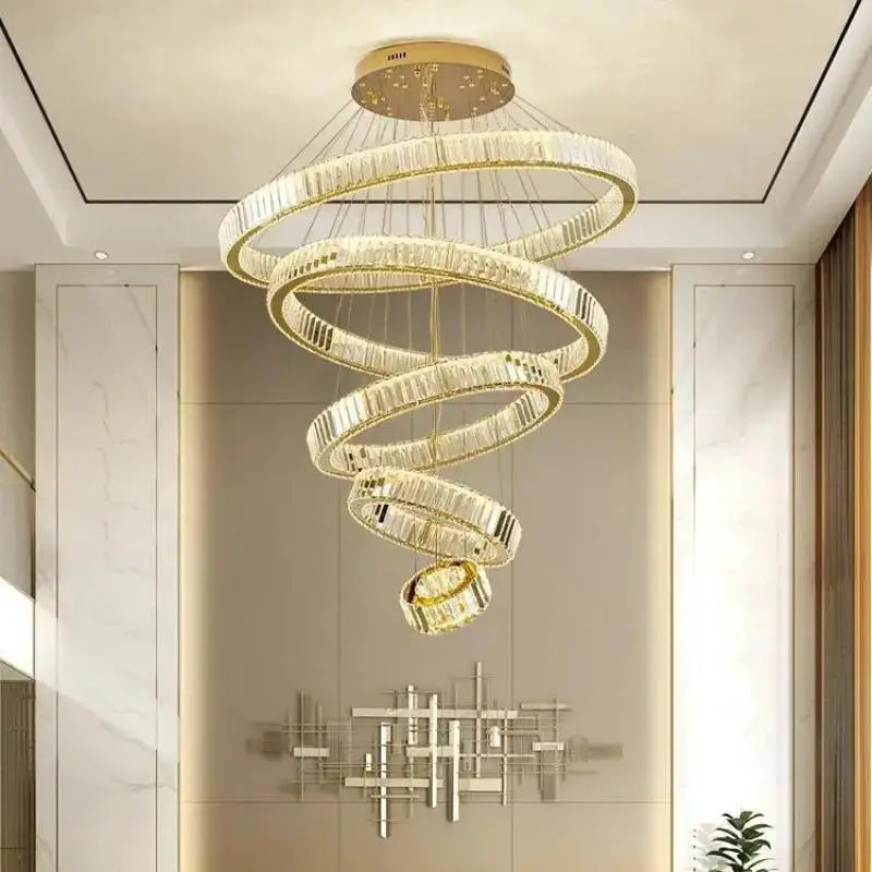 Modern gold spiral crystal circle led chandelier with crystal rings for luxurious living room decorbites crystal circle lighting