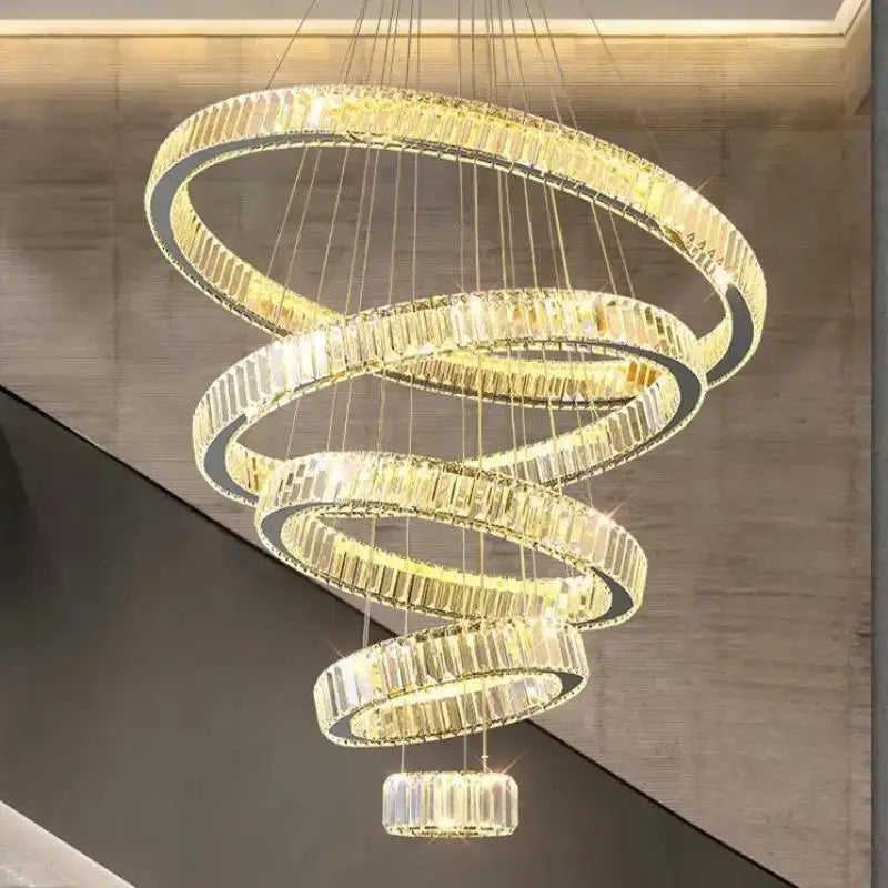 Modern gold spiral crystal circle led chandelier with faceted crystals reflecting light for living room decorbites crystal circle