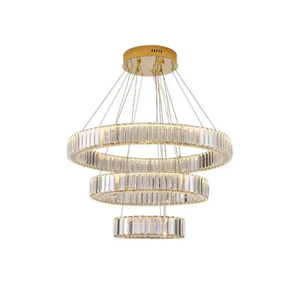 Modern gold spiral crystal circle led chandelier featuring three concentric rings of decorbites crystal circle segments