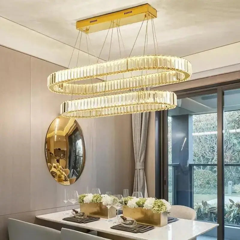 Modern gold spiral multi-tiered circle led chandelier with crystal prisms for elegant living room decorbites crystal circle