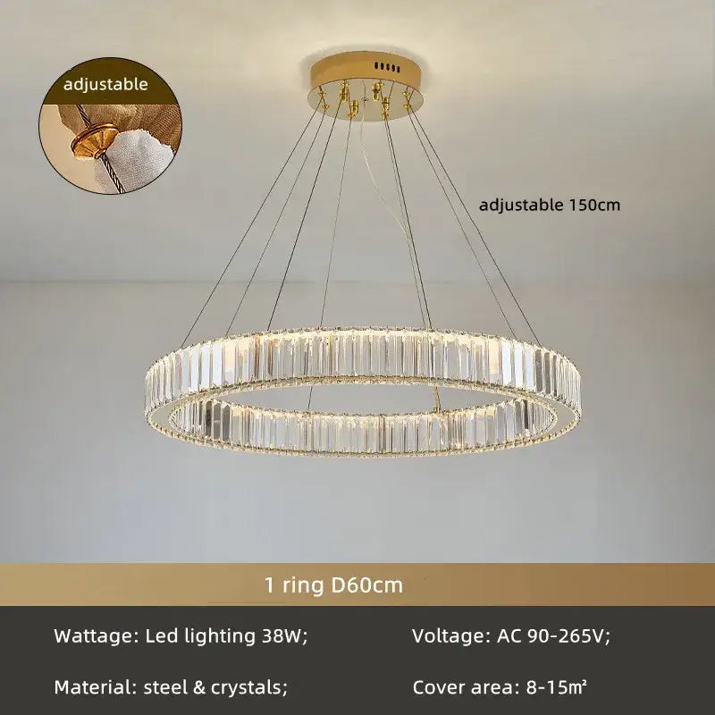 Modern gold spiral crystal circle led chandelier with clear crystal segments and adjustable 150cm gold-toned steel base decorbites crystal circle