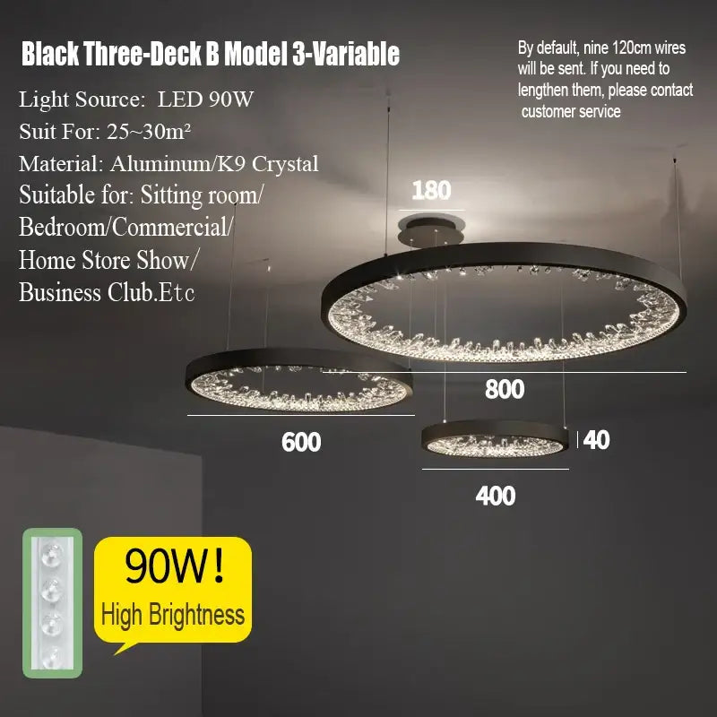 Black three-deck model 3-variable crystal led chandelier with aluminum frame and k9 crystals for modern dining room decorbites crystal led
