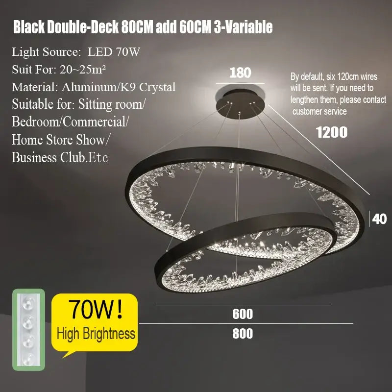 Modern gold spiral crystal led chandelier with black double-deck rings and k9 crystal accents decorbites crystal led design