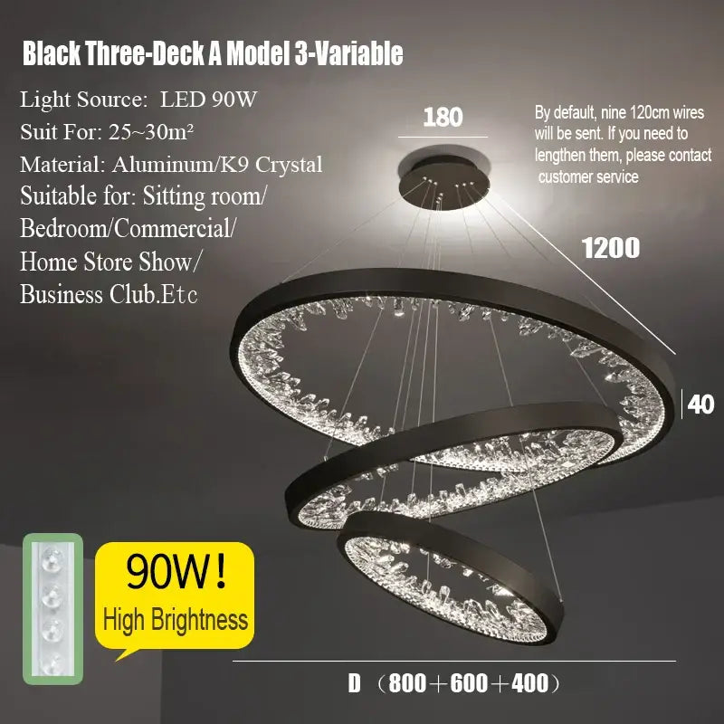 Black three-deck three-variable decorbites crystal led chandelier with aluminum and k9 crystal rings for dining room