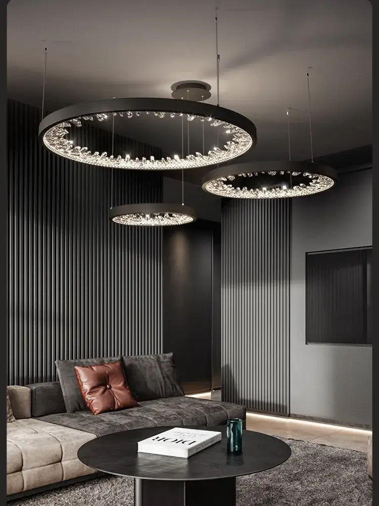 Black circular decorbites crystal led chandelier with gold spiral and embedded crystal accents for dining room decor