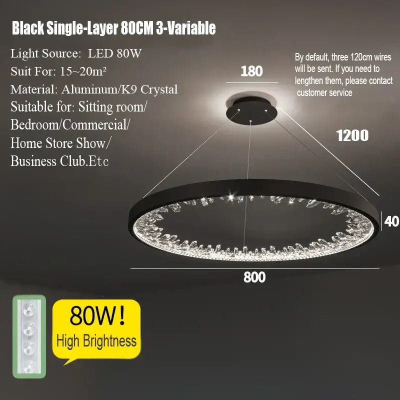 Modern gold spiral crystal led chandelier with black circular aluminum frame and decorbites crystal led accents for dining room