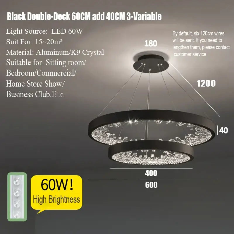 Modern gold spiral crystal led chandelier with black double-deck aluminum frame and k9 crystal decorbites crystal led design