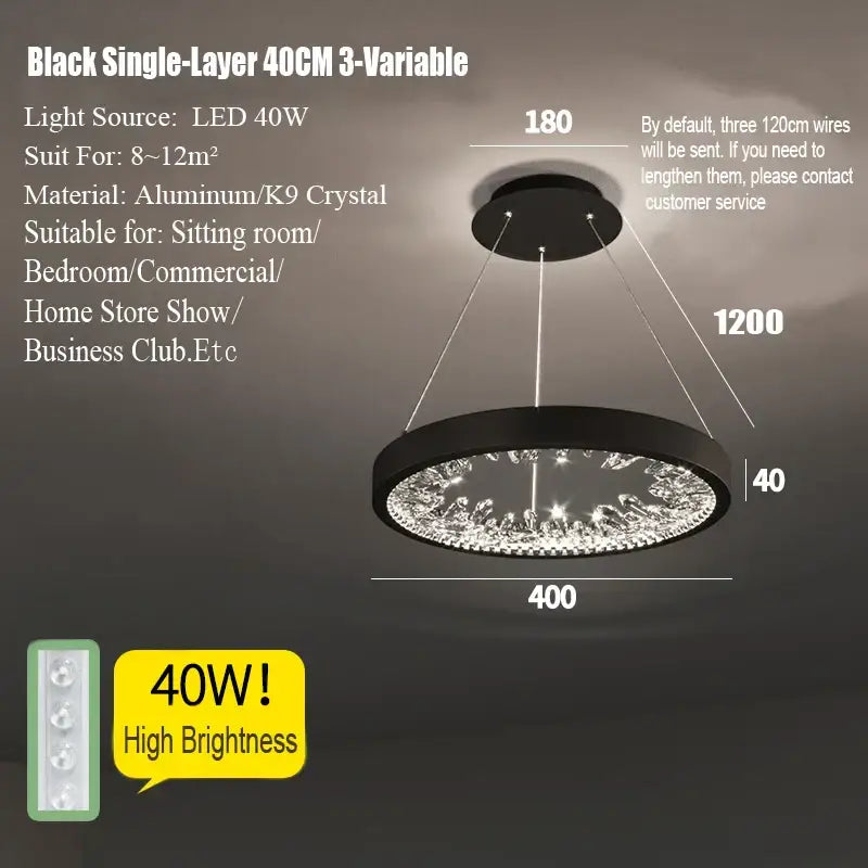 Modern gold spiral crystal led chandelier featuring a black 40cm circular frame with k9 crystal accents decorbites crystal led