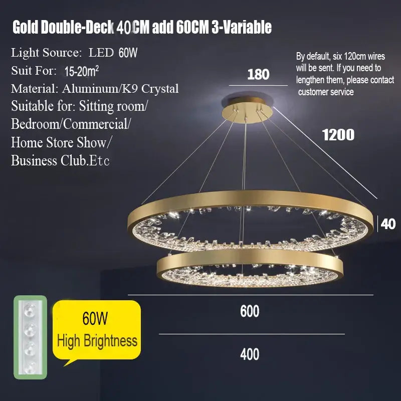 Modern gold spiral crystal led chandelier with double-deck concentric rings and clear crystal accents by decorbites crystal led