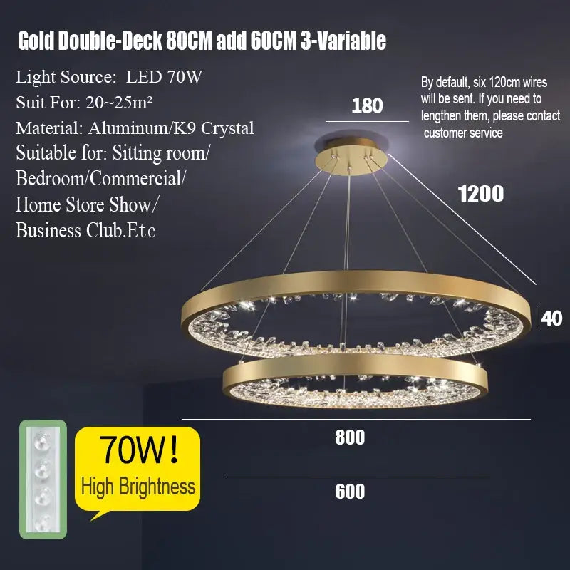 Modern gold spiral crystal led chandelier featuring a gold double-deck design with k9 crystal accents decorbites crystal led