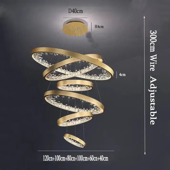 Modern gold spiral crystal led chandelier with concentric rings adorned with sparkling crystals for dining room decorbites crystal led