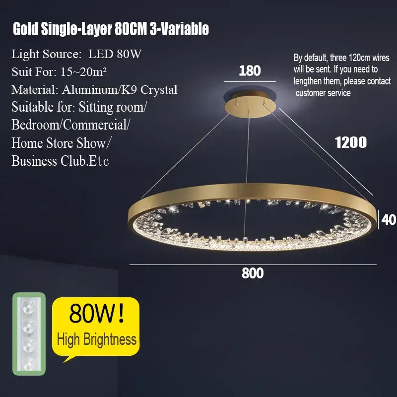 Modern gold spiral crystal led chandelier featuring a single-layer circular design with embedded k9 crystal beads decorbites crystal led