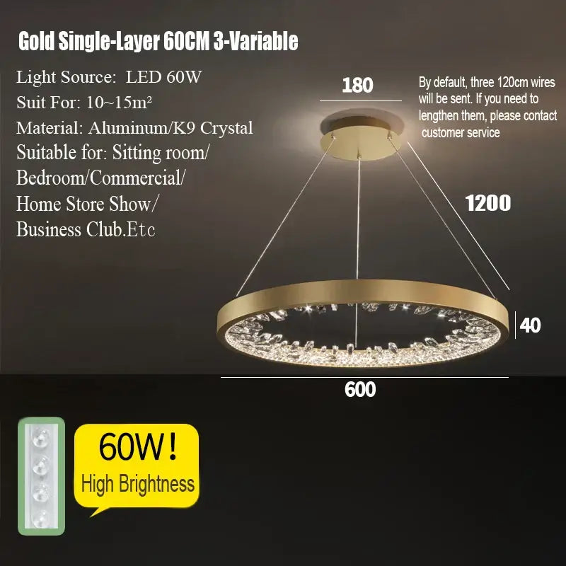 Modern gold spiral crystal led chandelier with gold circular single-layer aluminum frame and k9 crystal accents decorbites crystal led