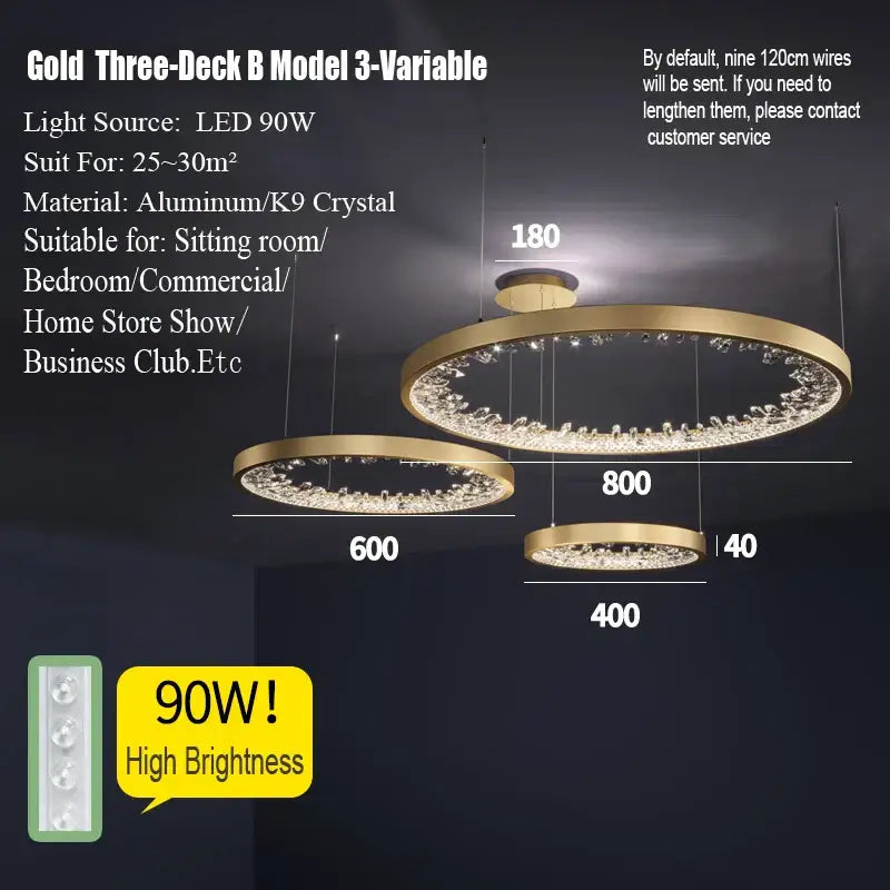 Modern gold spiral crystal led chandelier with three-deck circular aluminum frame and k9 crystal accents decorbites crystal led