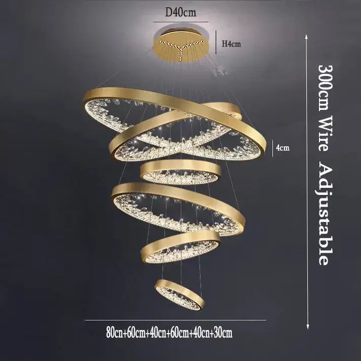 Modern gold spiral crystal led chandelier with multiple concentric rings for dining room decorbites crystal led lighting