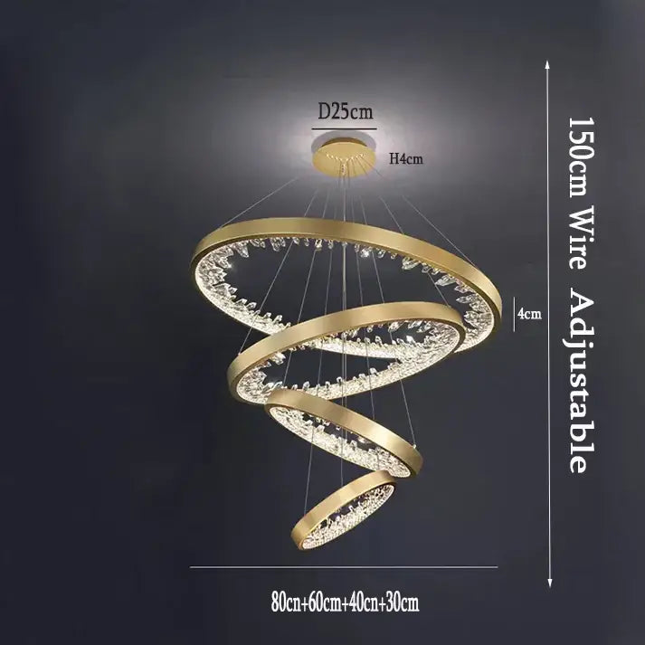 Modern gold spiral crystal led chandelier with multiple concentric rings and sparkling crystals for dining room decorbites crystal led