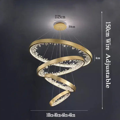 Modern gold spiral crystal led chandelier with concentric rings and sparkling accents for dining room decorbites crystal led