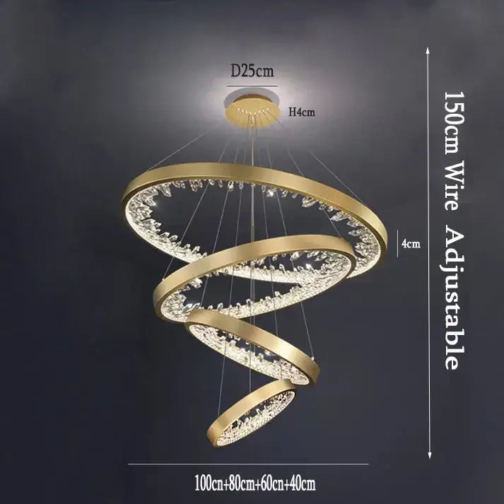 Modern gold spiral crystal led chandelier with concentric rings and sparkling accents for dining room decorbites crystal led