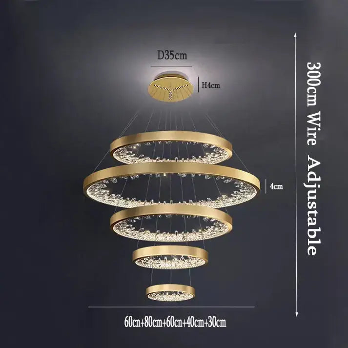 Modern gold spiral crystal led chandelier featuring tiered gold-tone design with crystal accents and adjustable wire length decorbites crystal led