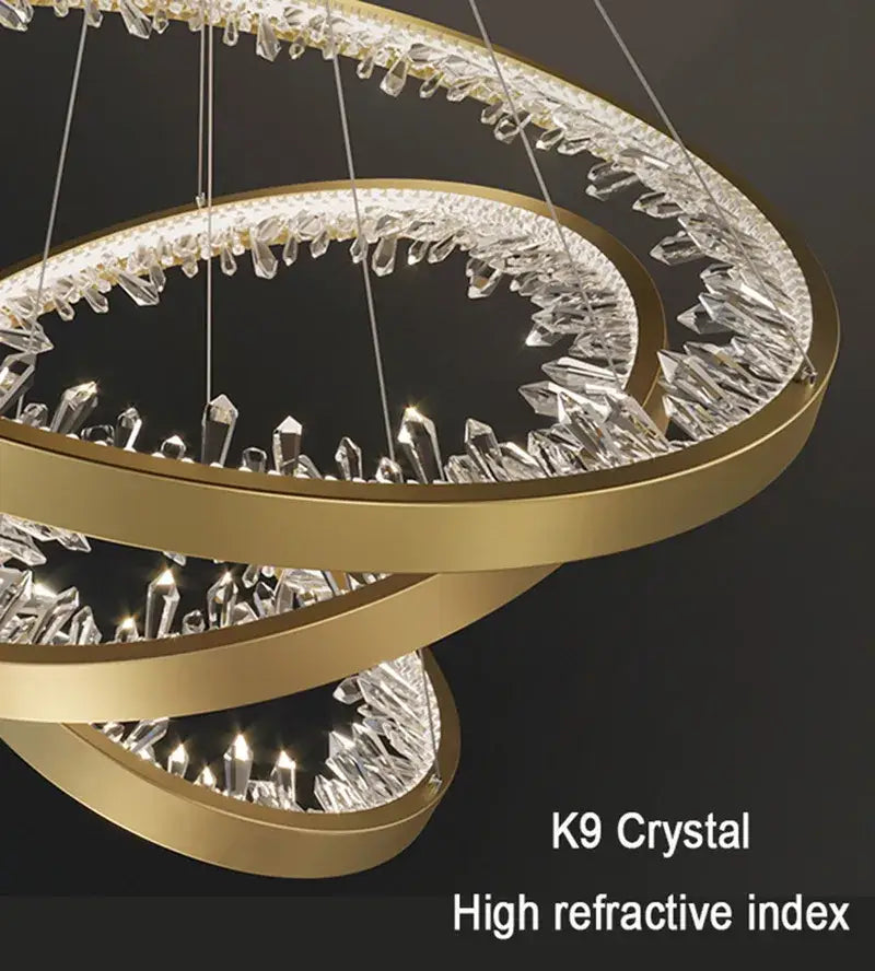 Modern gold spiral crystal led chandelier with gold-toned double rings and sparkling k9 crystals decorbites crystal led