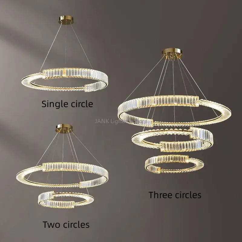 Modern gold spiral crystal led pendant chandelier with concentric rings and clear faceted glass for dining room decorbites crystal led