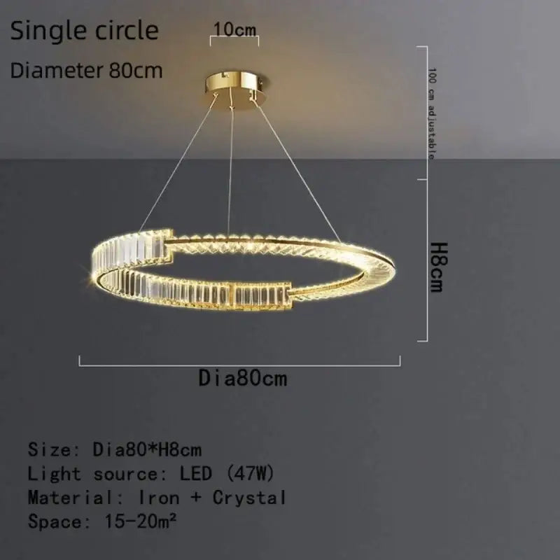 Modern gold spiral crystal led pendant chandelier with iron frame and decorbites crystal led accents, adjustable height 100 cm
