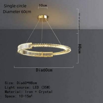 Modern gold spiral crystal led pendant chandelier with gold-toned circular frame and iron accents for dining room decorbites crystal led