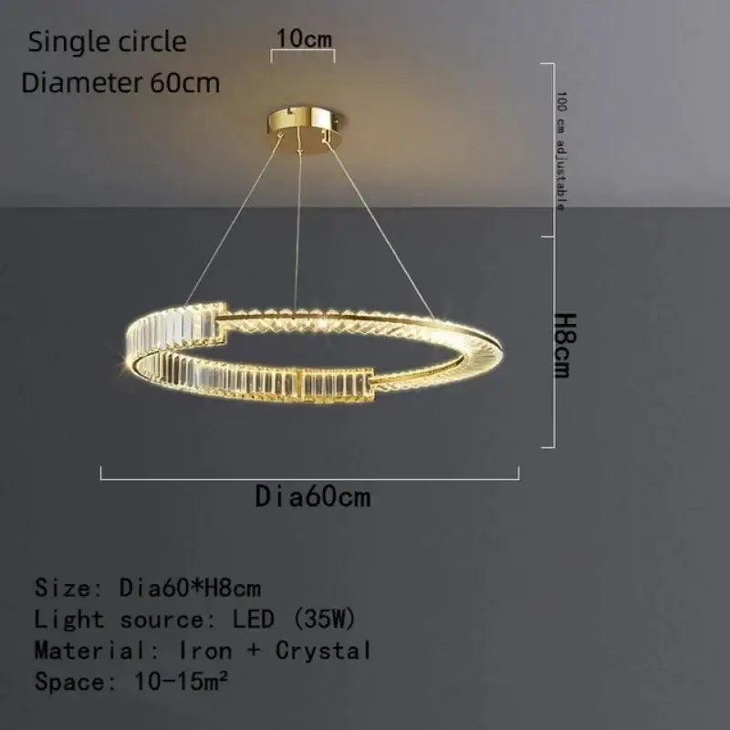 Modern gold spiral crystal led pendant chandelier with gold-toned circular frame and iron accents for dining room decorbites crystal led
