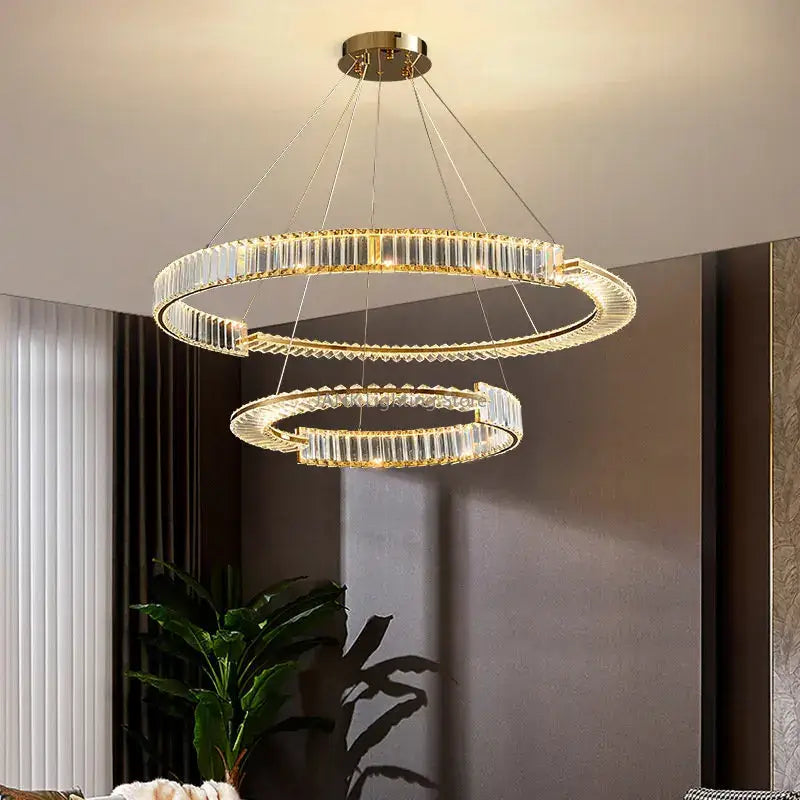 Modern gold spiral crystal led pendant chandelier featuring gold-toned double-ring and crystal led pendant accents
