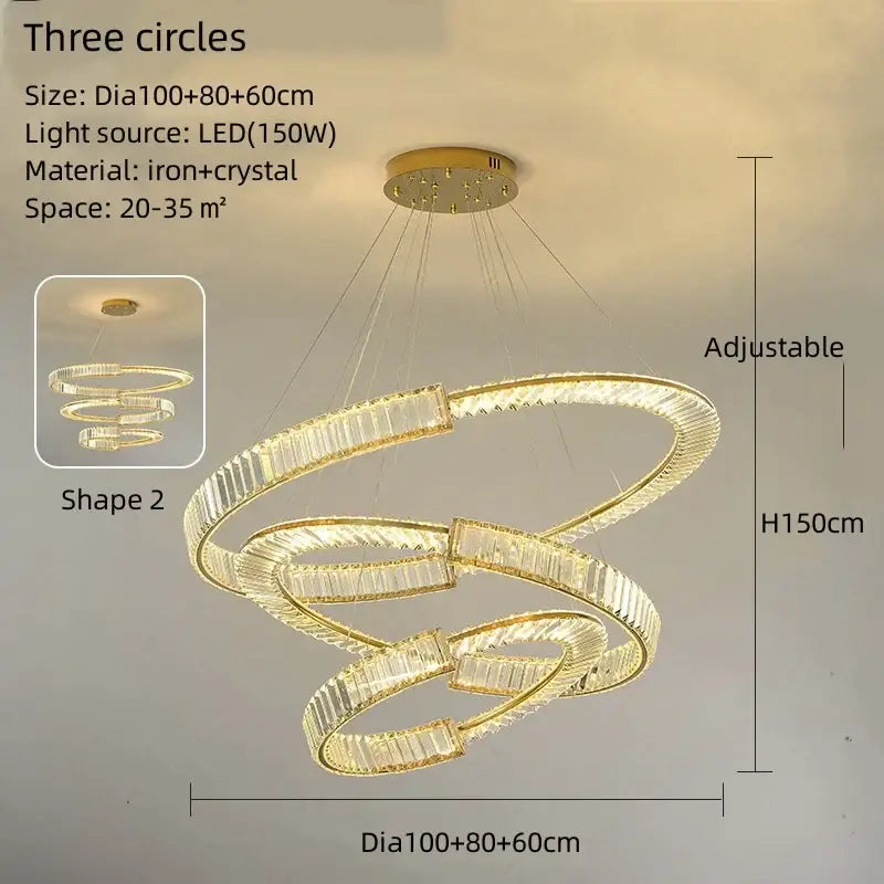 Modern gold spiral crystal led pendant chandelier with three interlocking rings and decorbites crystal led segments for dining room decor