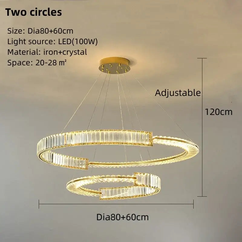 Modern gold spiral crystal led pendant chandelier with gold-toned double-ring and crystal accents for dining room decorbites crystal led