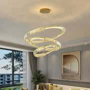 Modern gold spiral crystal led pendant chandelier with crystal encrusted rings for elegant dining room decorbites crystal led