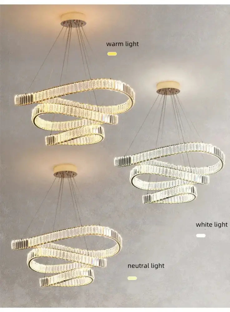 Modern gold spiral crystal led pendant chandelier with clear crystal accents and warm or white light option for foyer decorbites crystal led