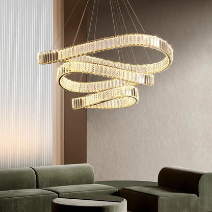 Modern gold spiral crystal led pendant chandelier with golden metal frames and clear crystals for foyer decorbites crystal led