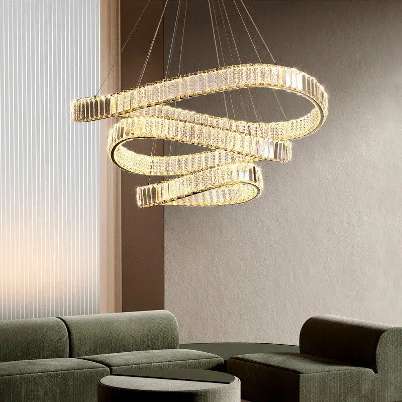 Modern gold spiral crystal led pendant chandelier with golden metal frames and clear crystals for foyer decorbites crystal led