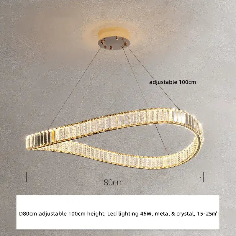 Modern gold spiral crystal led pendant chandelier featuring a twisted ring design with clear crystals, perfect for foyer decorbites crystal led lighting