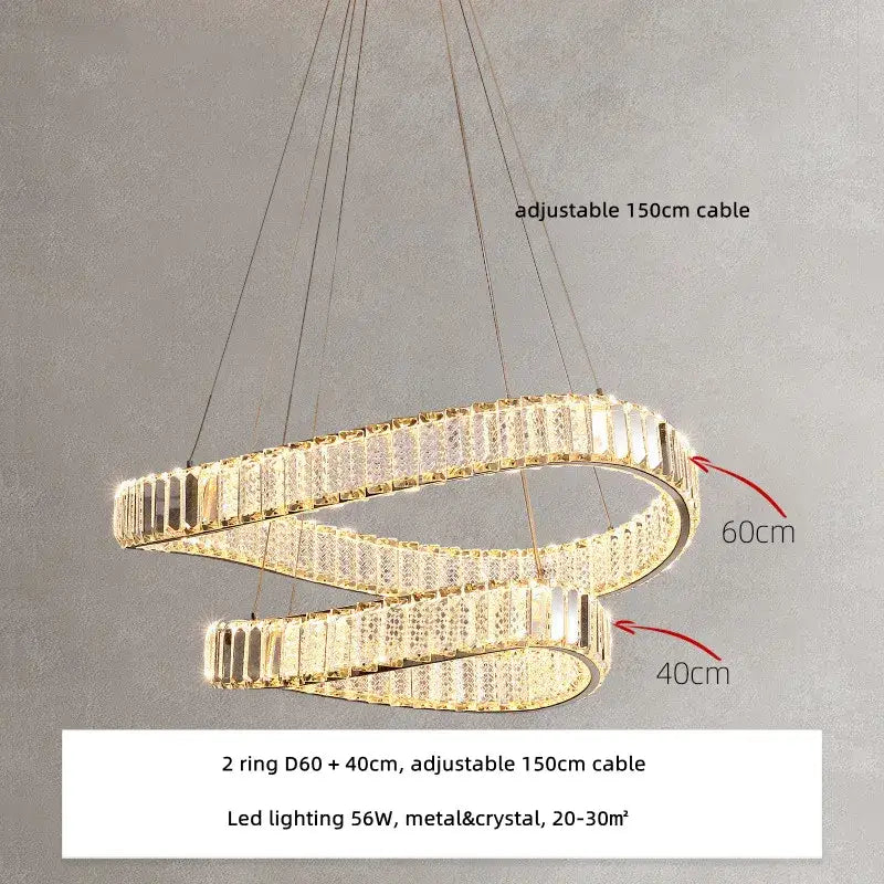 Modern gold spiral crystal led pendant chandelier featuring gold-toned double rings with embedded crystals by decorbites crystal led
