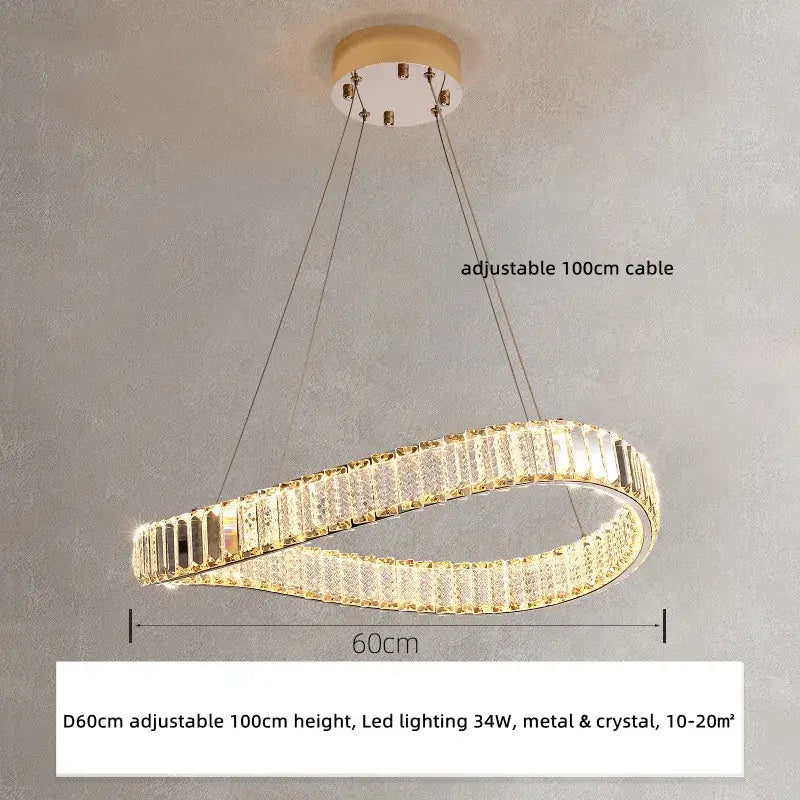 Modern gold spiral crystal led pendant chandelier with twisted ring design and metal accents for elegant foyer decorbites crystal led