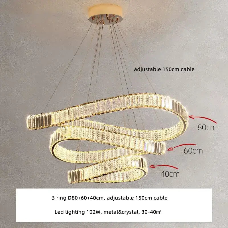 Modern gold spiral crystal led pendant chandelier featuring three interlocking crystal rings for elegant foyer decorbites crystal led design