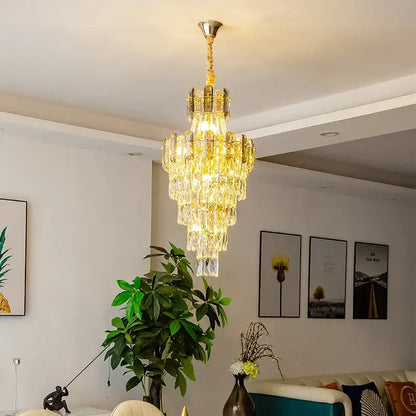 Modern gold spiral decorbites crystal chandelier pendant light with tiered golden crystals and brass accents