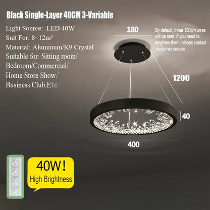 Black 40cm single-layer decorbites crystal led chandelier with circular frame and k9 crystal accents for dining room light