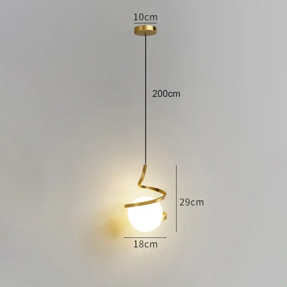 Modern gold spiral pendant light with frosted glass globe and iron finish ideal for dining room lighting color