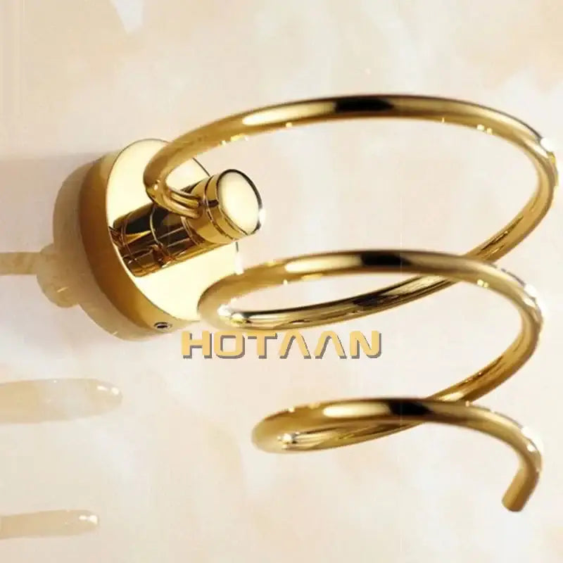 Modern gold spiral hair dryer holder with polished metallic finish and anti rust design for bathroom use