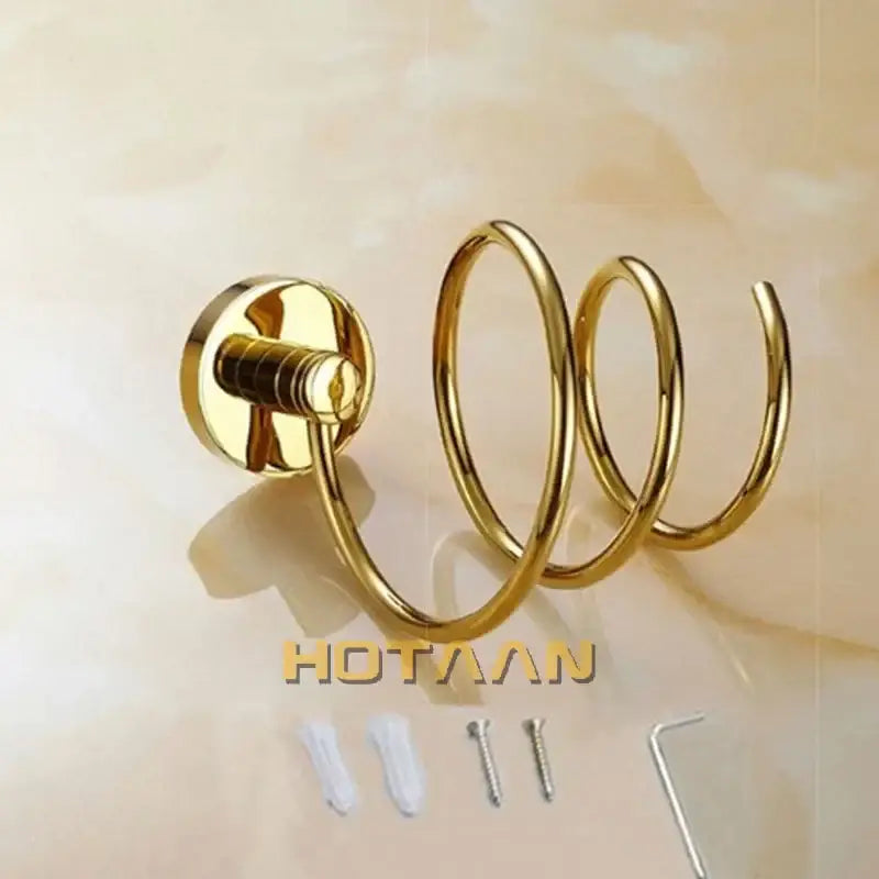 Modern gold spiral hair dryer holder with circular mounting plate designed as an anti rust bathroom dryer holder