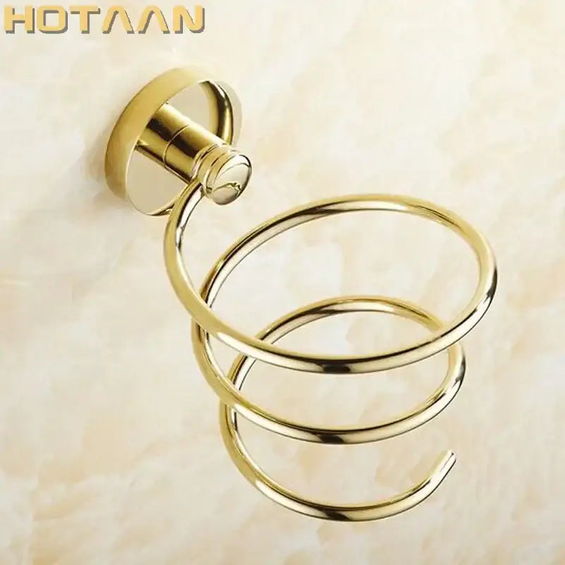 Modern gold spiral hair dryer holder with sleek metallic finish and circular base for bathroom anti rust dryer holder rack
