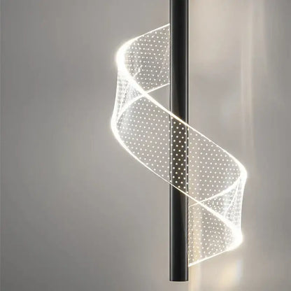 A sleek black aluminum alloy pendant light with a translucent spiraling led light source for dining room use