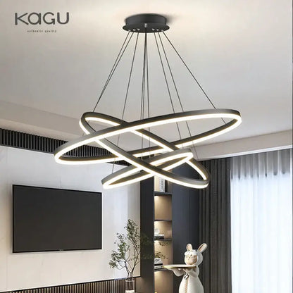 Modern black led pendant light with interlocking black led rings and minimalist design for dining room decorbites black led
