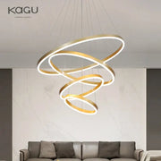 Modern gold spiral ring pendant light with illuminated edges featuring minimalist decorbites black led rings design